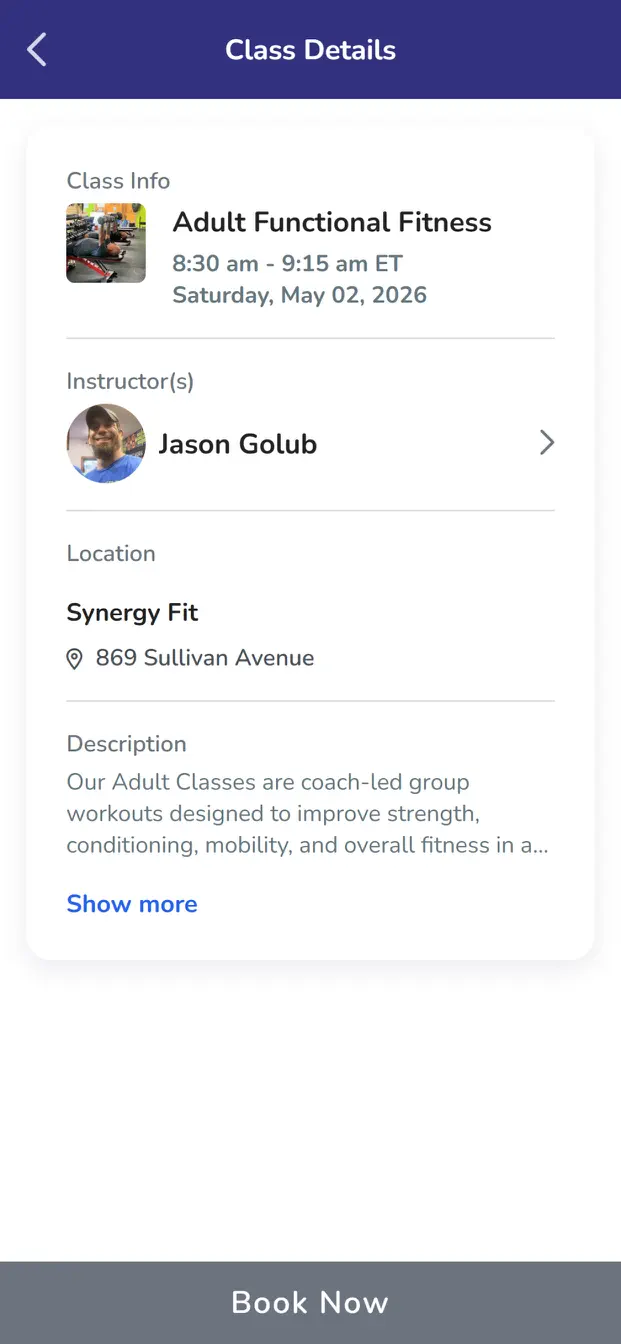 The Synergy Fit app on a phone, showing the class details for Adult Functional Fitness at 8:30 to 9:15 am ET with instructor Jason Golub at Synergy Fit, 869 Sullivan Avenue, above a Book Now button.